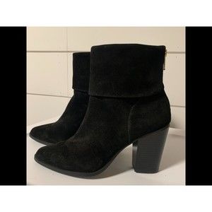 Alfani Womens Black Suede Block Heel Ankle Boots Size 7.5 Fold Down Gold zipper